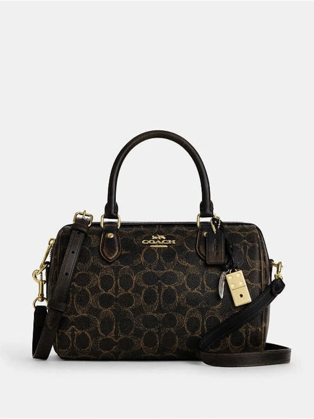 Coach Rowan Satchel Bag In Loved Signature Canvas With Charms Brown and Gold